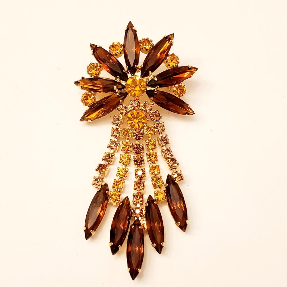 Weiss Fall Color Amber & Gold Rhinestone Statement Brooch, Dangles, Atomic Age
